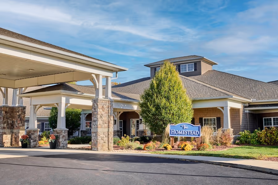 Front exterior of The HomeStead at GentleBrook in Hartville, Ohio—an assisted living residence offering personalized care and a welcoming environment for older adults